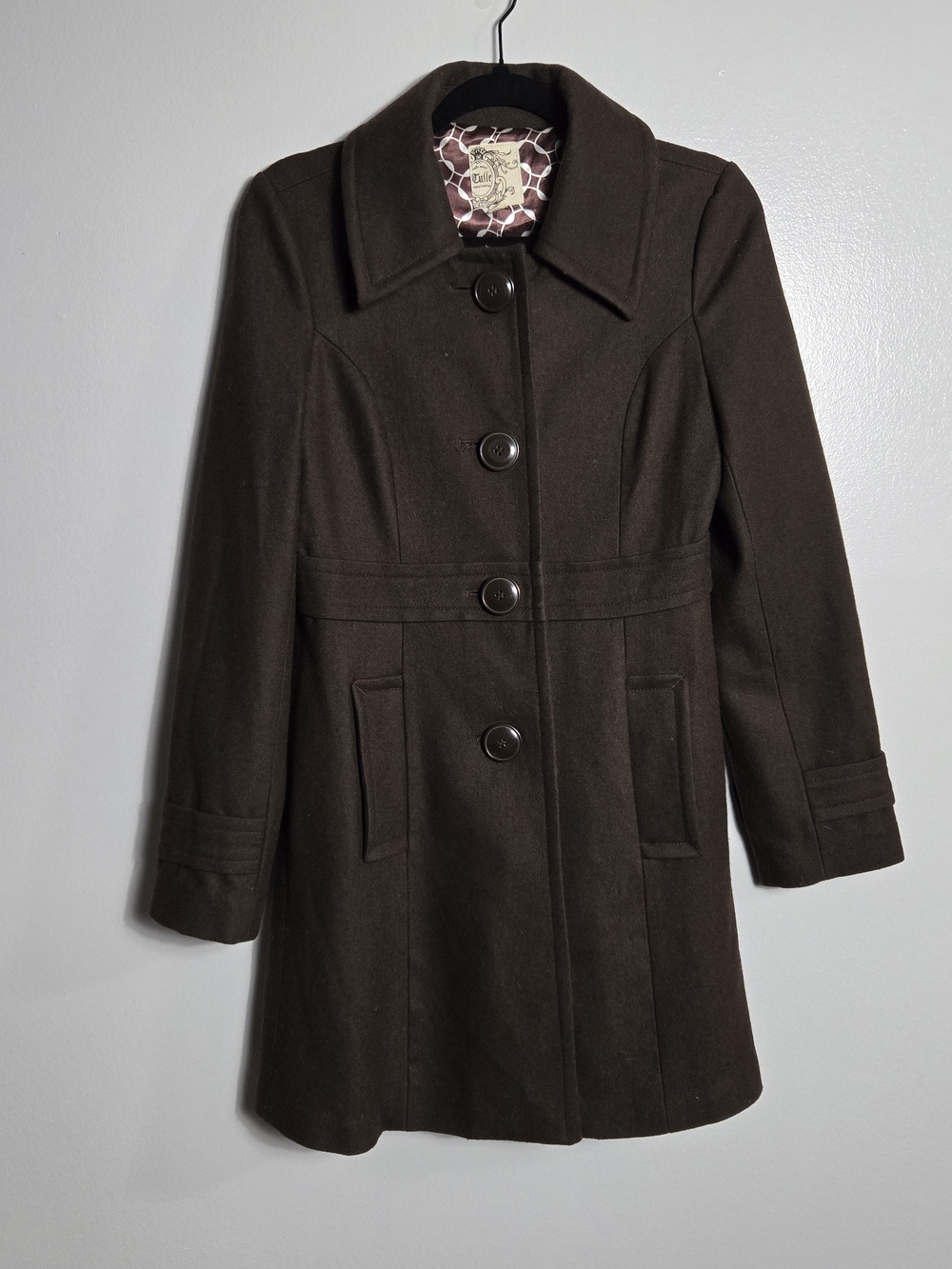 Tulle Dark Brown Wool Blend Button Front Peacoat Trench Coat Jacket Size Small